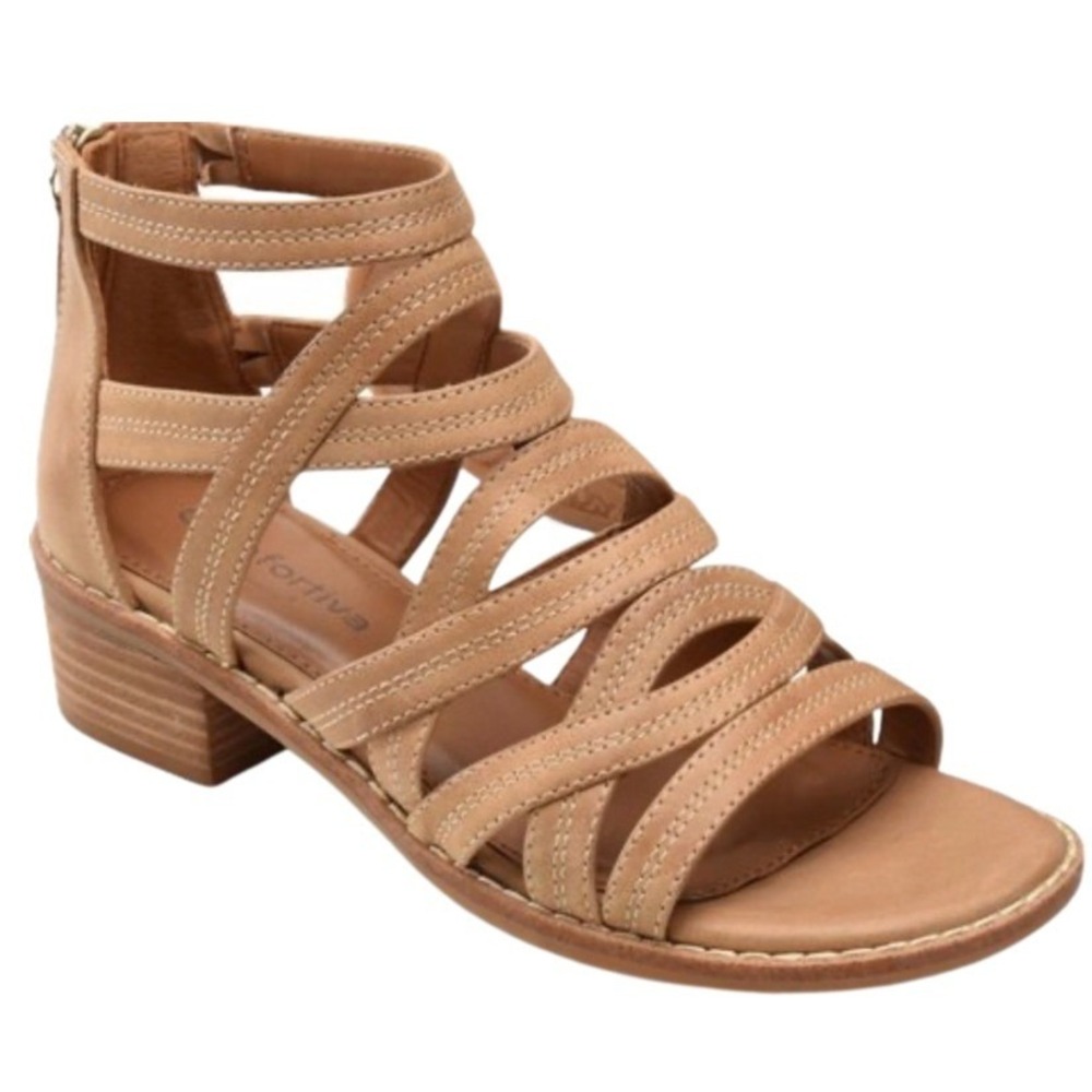 Comfortiva Women's Tan Betha Leather Gladiator Sandals Side Zip Block Heel‎ 11